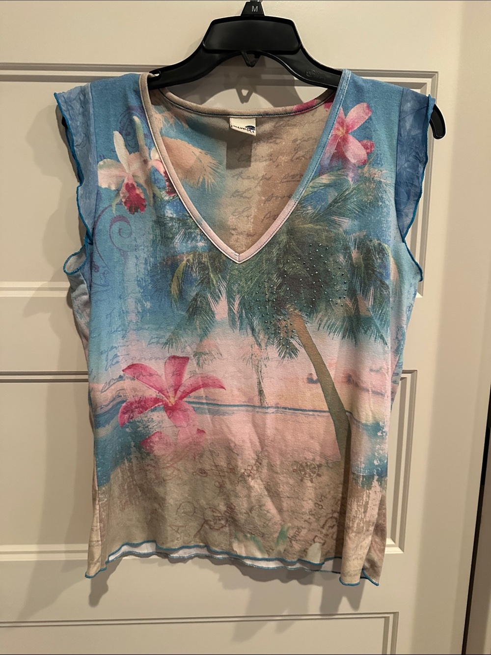 ONE WORLD Tropical V-Neck Tank Top - Blue & Pink